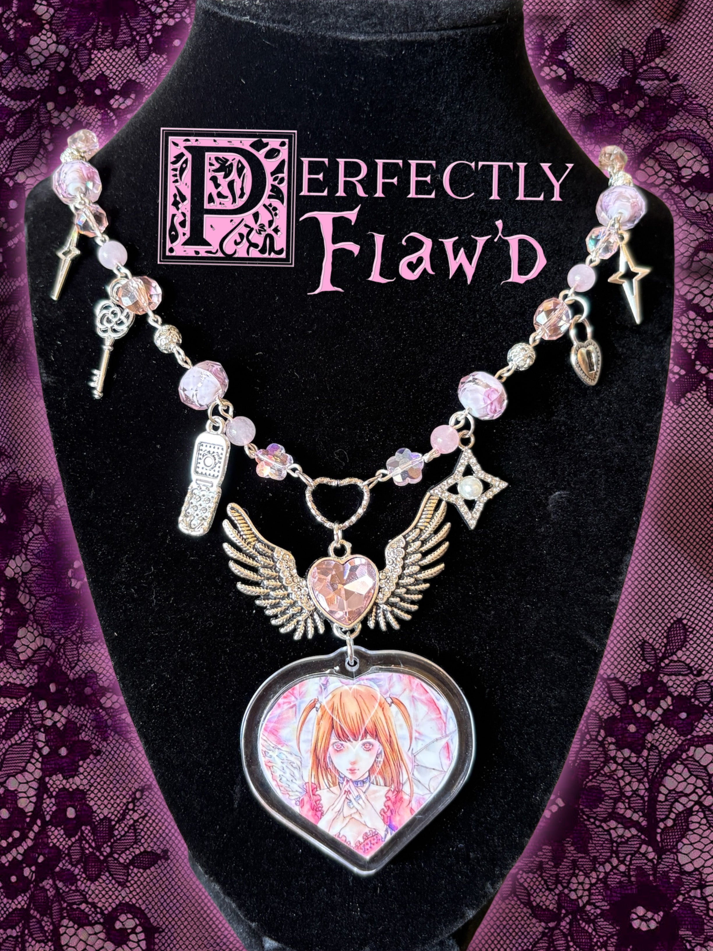 goth girl rose quartz photo charm necklace