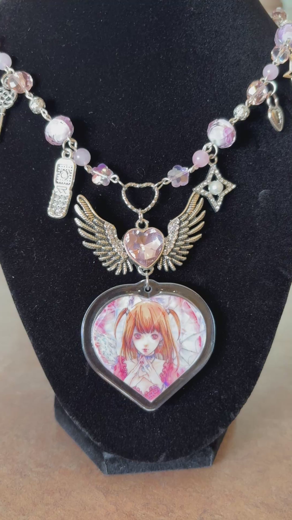 goth girl rose quartz photo charm necklace